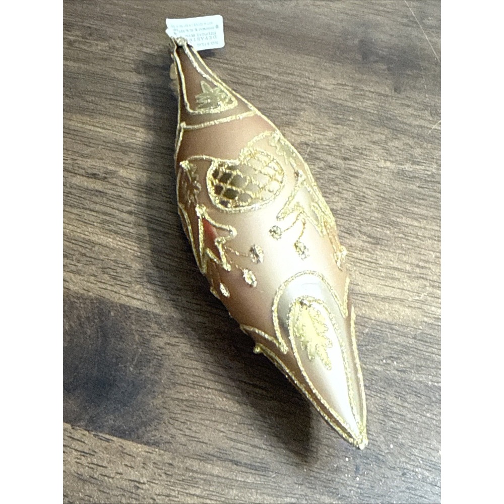 VTG Department 56 Teardrop Gold Christmas Glitter glass Ornament 7" Poland NEW